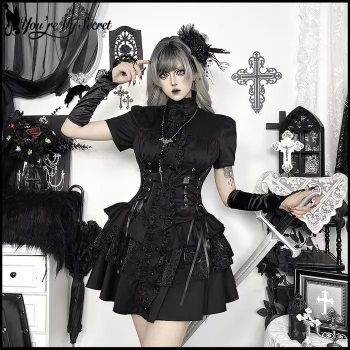 [You're My Secret] Robe Courte Noire d'Halloween pour Femme, Corset Gothique Noir, Robe Lolita Punk Vintage Vampire Duke, Été 2026