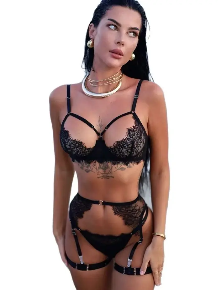 Sexy souprava spodního prádla pro lásky, franské víčka z krajky, podprsenka s výklenkem, podvazkový pás, čtyřčástné, body, milostivé a krásné EM6S