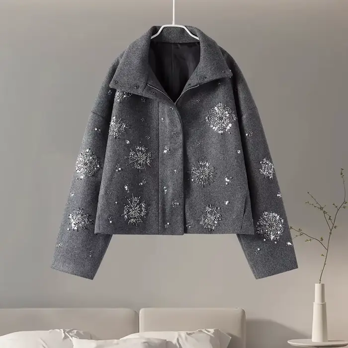 Manteau chic luxueux à perles pour femmes, vêtements d'extérieur en laine, vestes à manches longues,