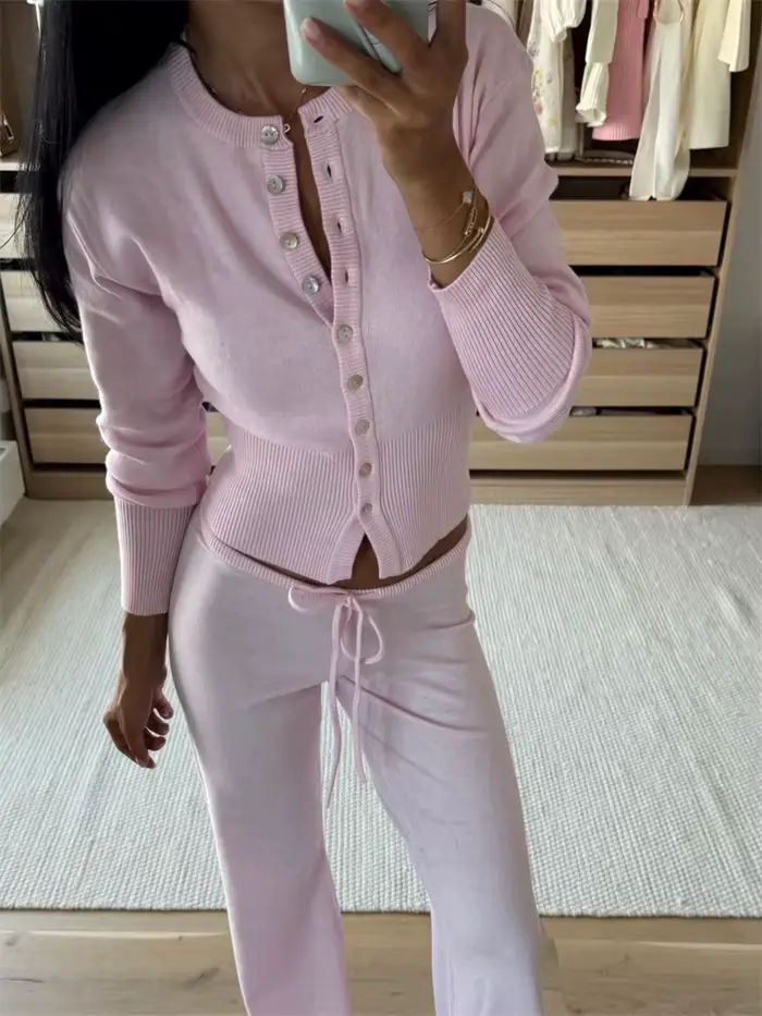 Tossy décontracté tricot femme tenues survêtement à lacets côtelé Cardigan haut et taille haute pant