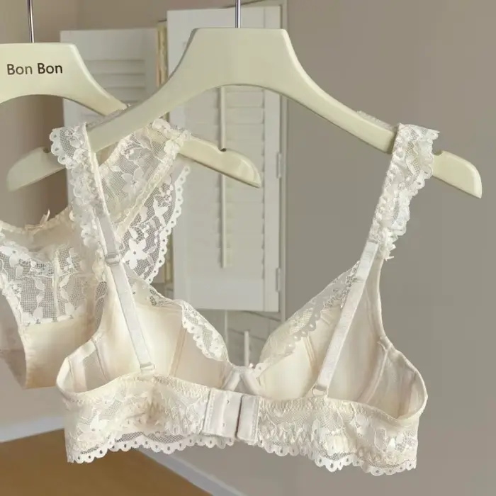 Ensemble de soutien-gorge en dentelle française pour filles, Anti-affaissement, anneau en acier doux, froncé, petite poitrine, Illusion de coton, bonnet 3/4, sangle fixe