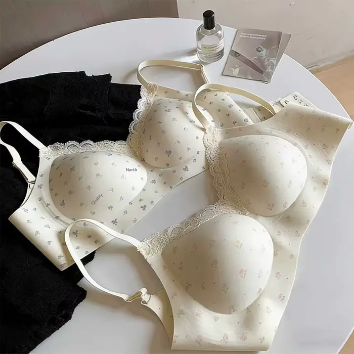 Soutien-gorge en dentelle élégante à imprimé floral pour femmes, style ado, petite poitrine, push-up, anti-affaissement, sans coutures, bretelles ajustées