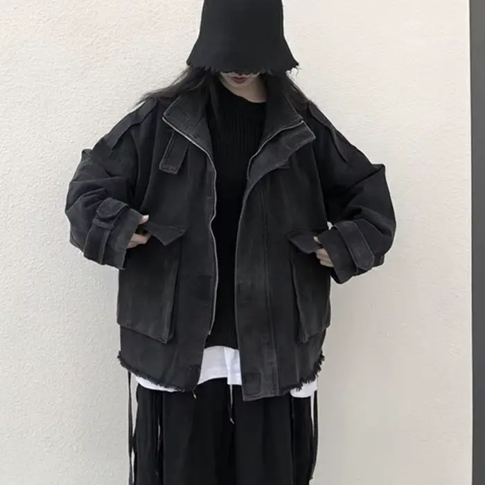 Gidyq-Veste en jean à pampilles pour femmes, mode coréenne, grande poche, adt, denim, combiné, tout 