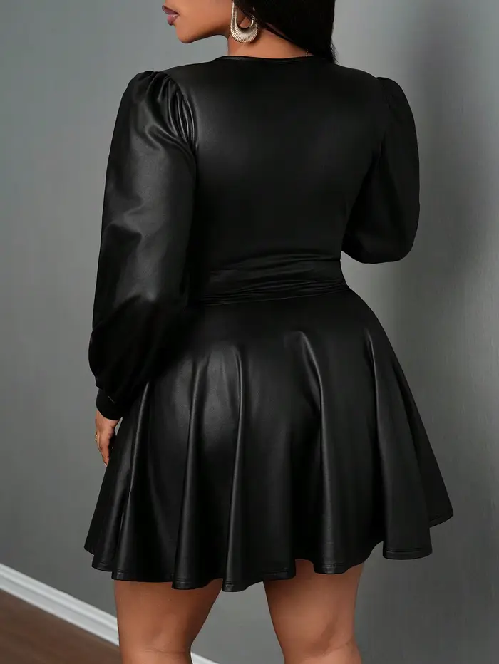 Jupe en cuir grande taille pour femmes, col en V profond, manches lanternes, taille cintrée, ligne a