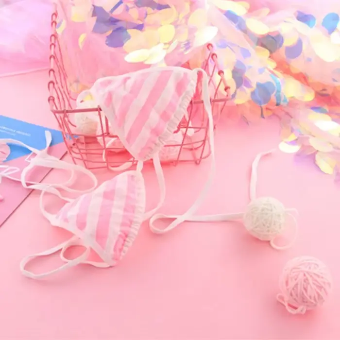 Japon Sexy Lingerie Lolita Kawaii bleu rose blanc rayé Mini Bikini adulte Cosplay femmes soutien-gorge ensemble de sous-vêtements Frenum maillot de bain