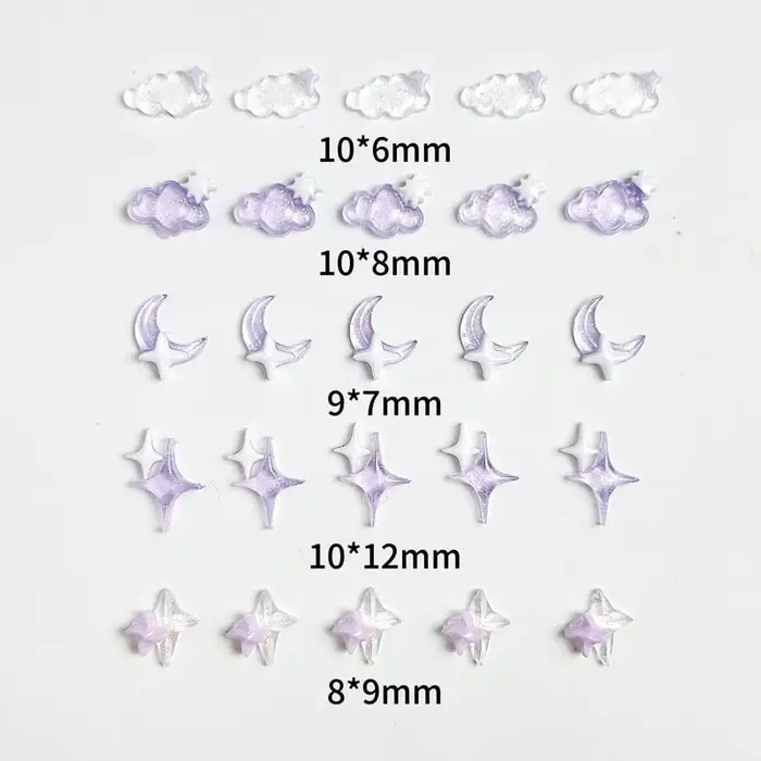 Breloques en résine transparente pour Nail Art, lune, nuage, blanc, violet, étoile à quatre branches
