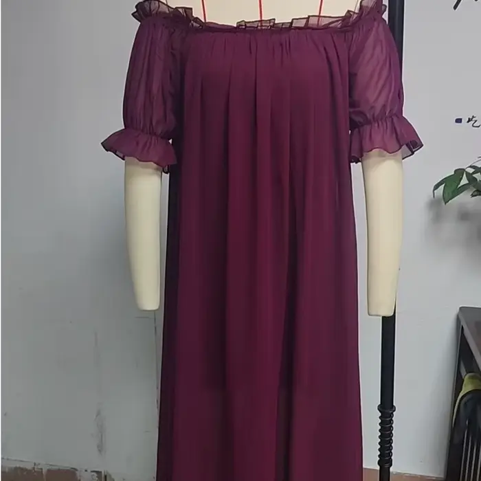 Robe de nuit transparente à épaules dénudées pour femme, col en V, manches courtes, avec volants, longue, pour la maison