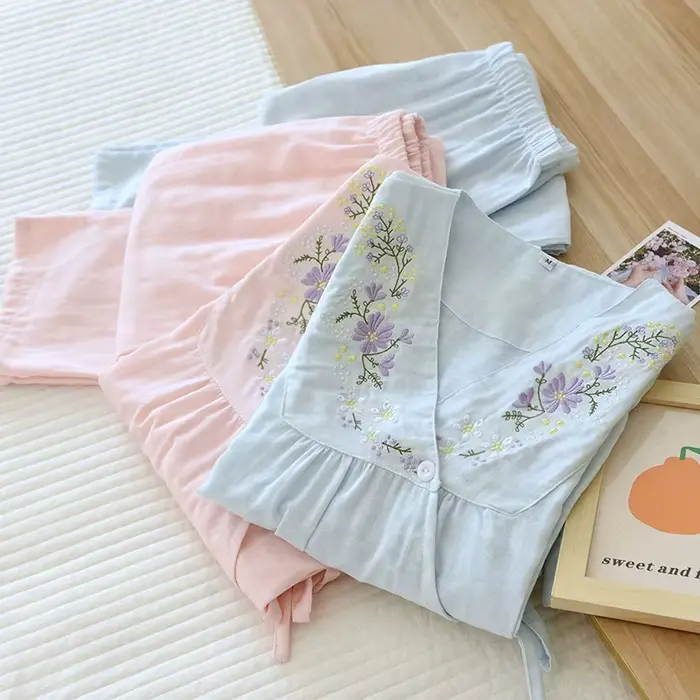 Dámské bavlněné pyžamo V-neck velikost M L XL potištěné růžová modrá pro ženy teplé noci jaro