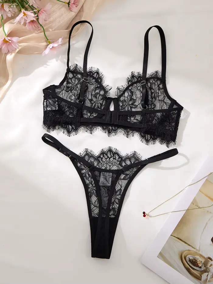Ensemble de soutien-gorge et slip en dentelle noire pour femmes, sous-vêtements transparents romantiques et Sexy avec fleurs, Lingerie érotique transparente
