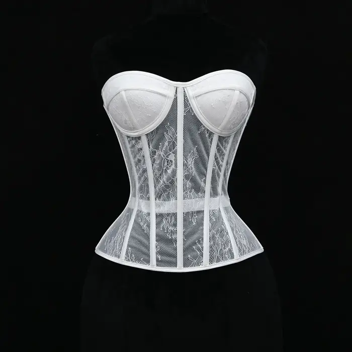 Korset en os d'acier pour femme, soutien-gorge ajouré sans bretelles en dentelle, haut bustier en maille, Lingerie noire et blanche, Corset Biege