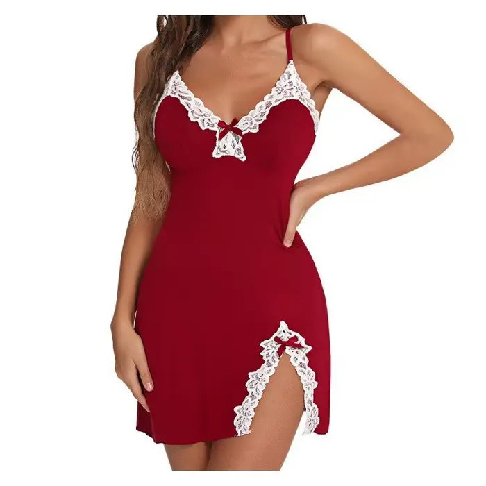 Lingerie pour femmes, robes de nuit sexy, robe de nuit en dentelle, robe chemise à col en V, robe de nuit avec fente sur le côté.
