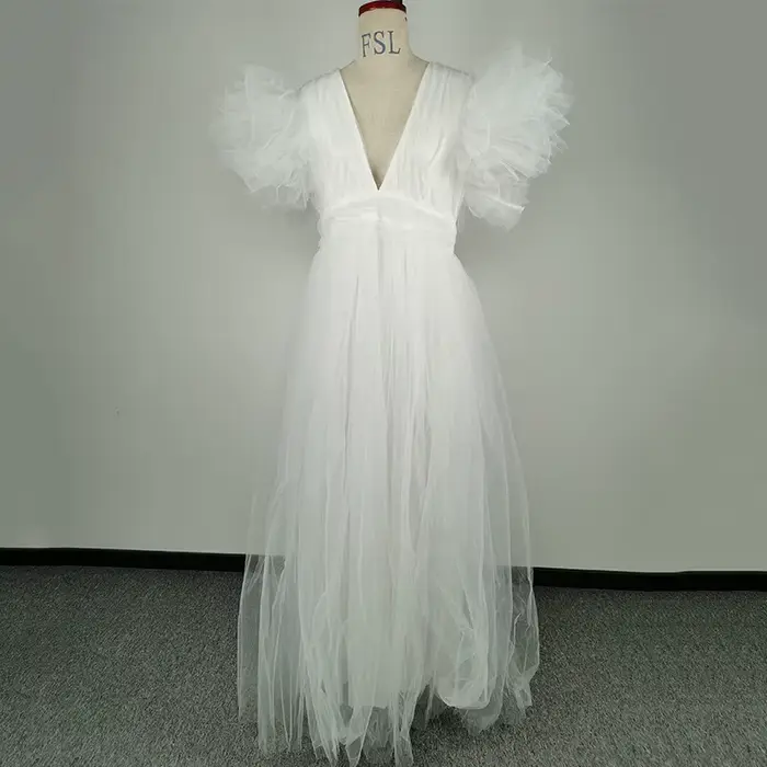 Robe de soirée en mousseline de soie blanche pour femmes, manches courtes, col en V, grande taille,