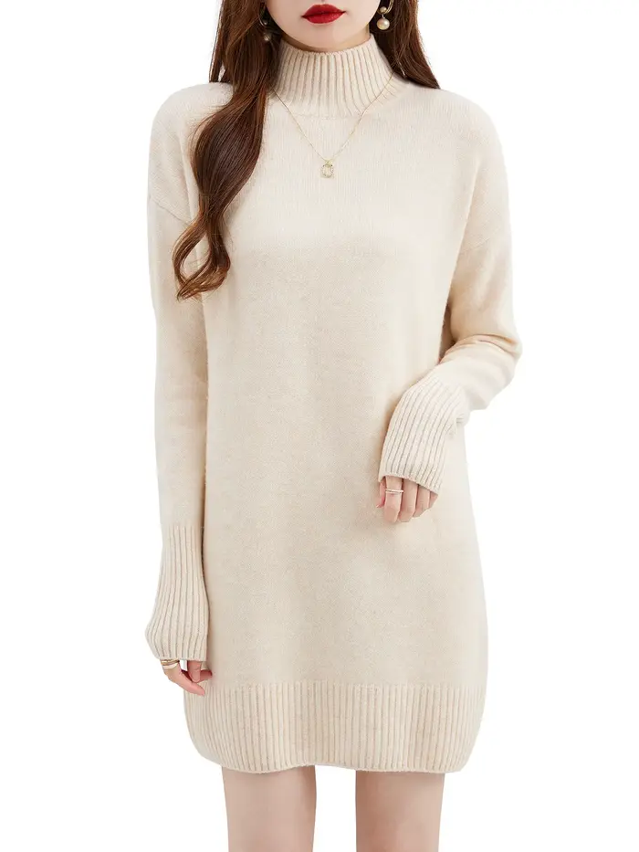 Pull à col roulé femmes pulls 100% laine mérinos longue robe pull automne hiver chaud à manches long