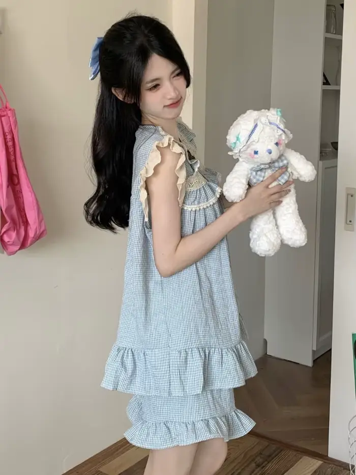 Ensemble de pyjama à volants de style japonais pour femmes, vêtements de nuit à la maison, dortoir étudiant décontracté, conception de nœud doux, mode fille, Kawaii, été
