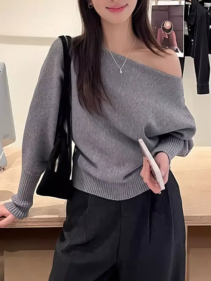 Batwing – Pull tricoté à manches longues pour femme, haut épais à épaules dénudées, mode coréenne, a