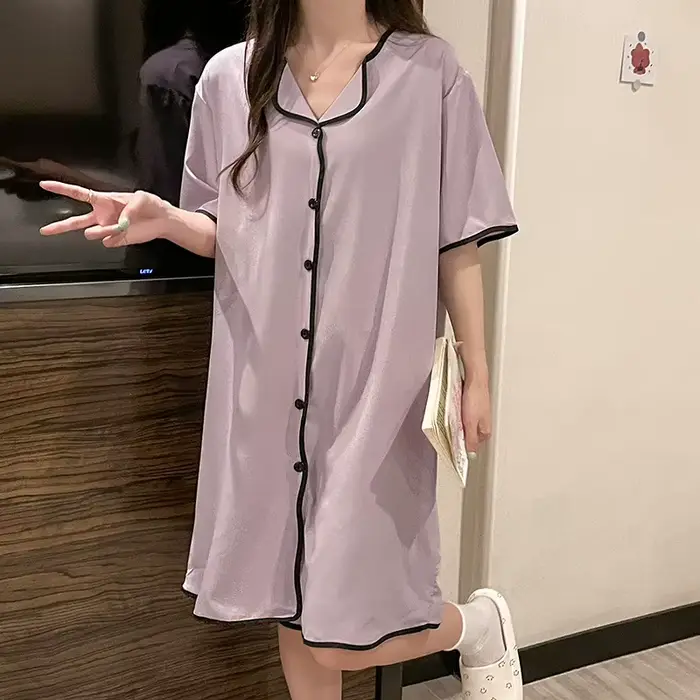 Grande taille M-4XL chemise de nuit pour femmes été doux à manches courtes robe de maison glace soie jupe de nuit Cardigan mignon robe de nuit coréenne