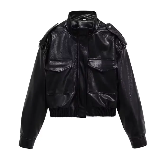 ETJ 2025 Nouvelle collection femme : veste courte moto col montant Y2K grande poche veste en simili 