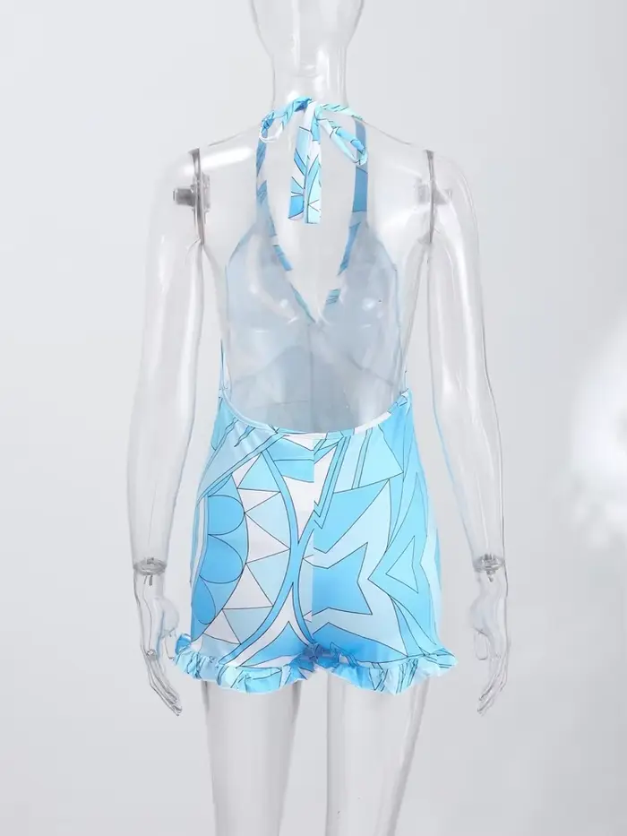 Maillot de bain une pièce pour femme, imprimé géométrique, style body, dos nu, sans manches, avec short, pour les vacances et la plage