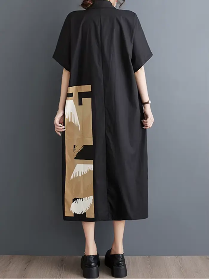 Nouvelle Robe Chemise Longue Décontractée Ample à Manches Courtes Imprimé Vintage Noir pour Femme –