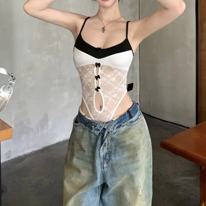 Bílá krajka body pro ženy, letní camis, štíhlý, bez rukávů, sexy, základní, štíhlý, prolamovaný top