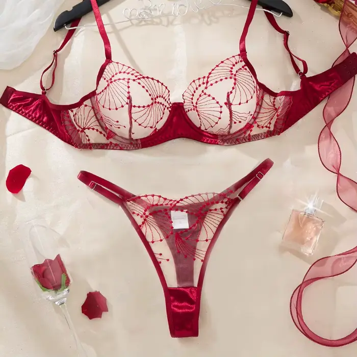 Ensemble de lingerie brodée rouge vin romantique pour la Saint-Valentin - ensemble de deux pièces se