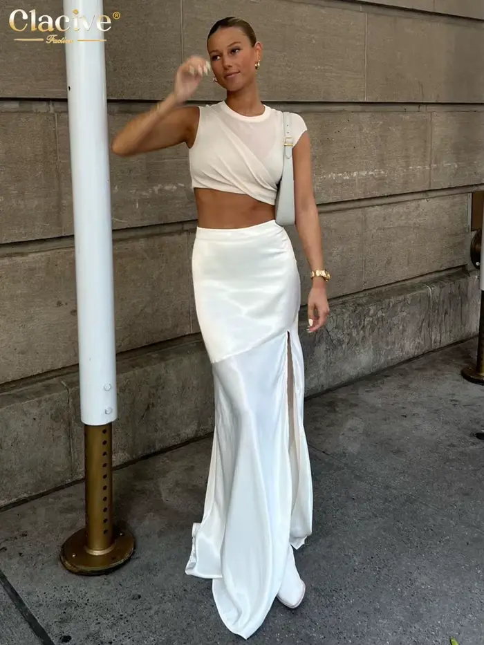 ClacMarkets-Jupe Longue en Satin Blanc pour Femme, Sexy, Mode, Taille Haute, Élégante, Chic, Fente L