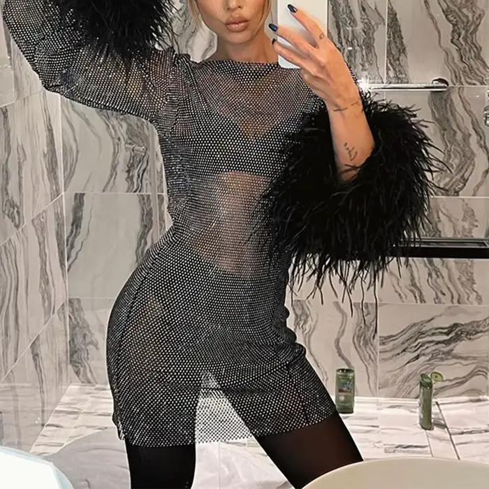 Lesklé večerní šaty pro dámy, mini šaty, peří, dlouhé rukávy, buben, Rh šaty, noční klub, móda, sexy, vzdělávací, jaro, podzim