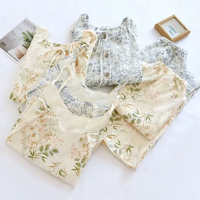 Pyjama d'été fin sans manches pour femmes, 3 pièces, vêtements de nuit floraux, ensemble de vêtements de nuit en coton, nouvelle collection 2024