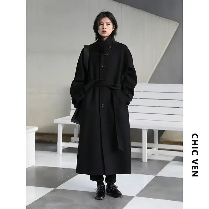 CHIC VEN-Long manteau trench pour femme, manteau en laine à lacets, pardessus à manches Leurs lan, c