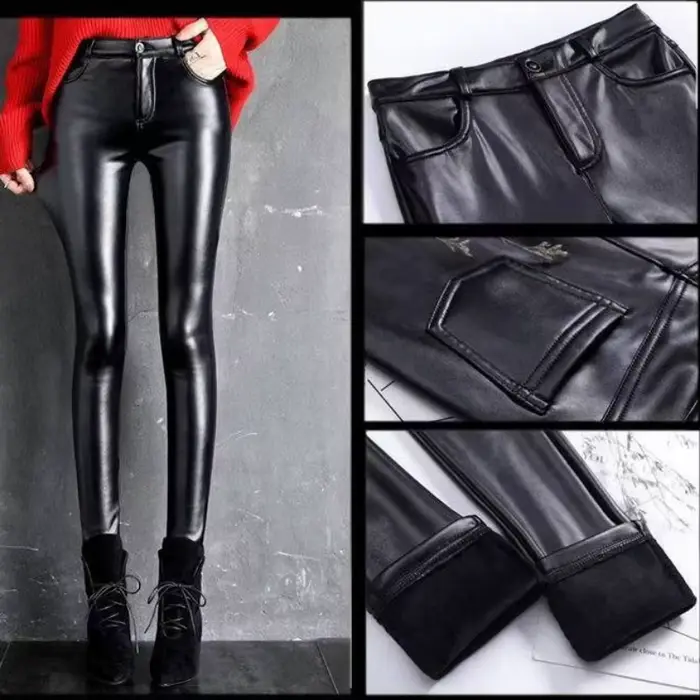 Pantalon en cuir PU en cachemire pour femme, épais et polaire, taille haute, Slim, serré, chaud, Leg