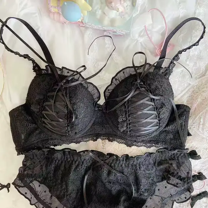 Ensemble de soutien-gorge rembourré en dentelle Lolita à volants pour femmes, sous-vêtements intimes élégants et sexy pour occasions spéciales et tous les jours