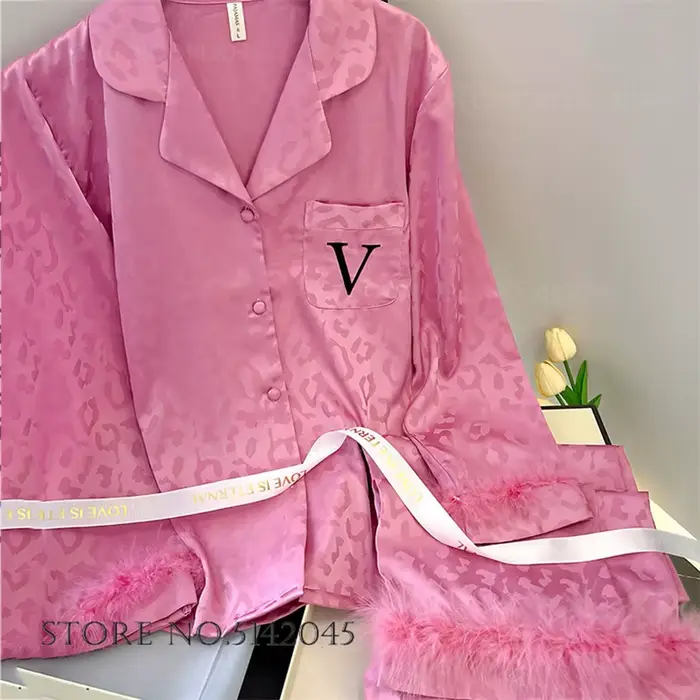 Dámské pyžamo s dlouhým rukávem, sexy oblečení na spaní, leopardí relaxační oblečení, pyžamo napuštěné peřím, Ice InjHomewear, superintendant, 2 kusy