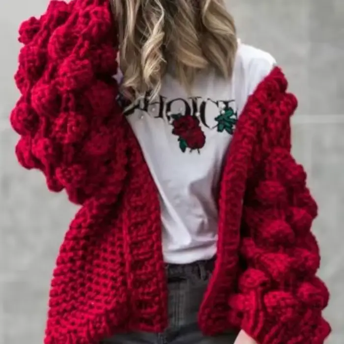 Cardigan au crochet grossier chic, pull à crochet floral 3D, manteau à la main, col en V, laine brut