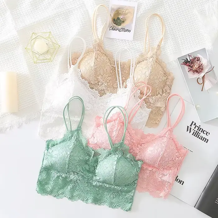 Soutien-gorge en dentelle pour femmes, Bralette confortable et Sexy, sous-vêtements de couleur unie, gilet ajouré sans fil, haut court, Lingerie sans couture