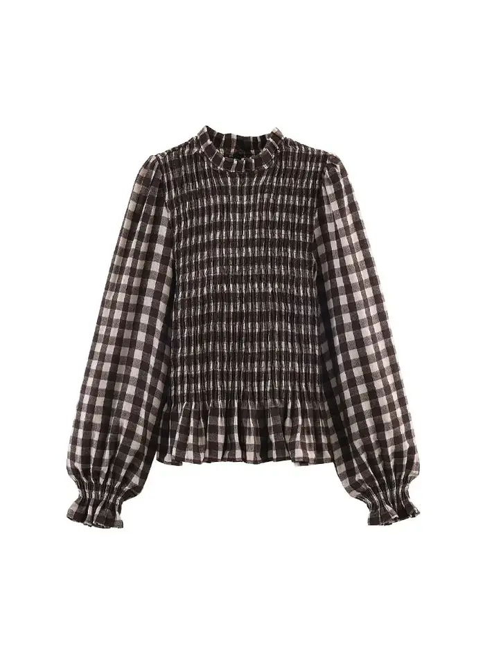 Nlzgmsj 2025 Vintage Chic hnědá kostkovaná košile pro ženy s dlouhým rukávem