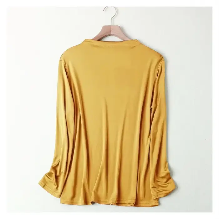 T-shirt en soie tricoté à manches longues pour femme, haut polyvalent à bascule, col rond, couleur u