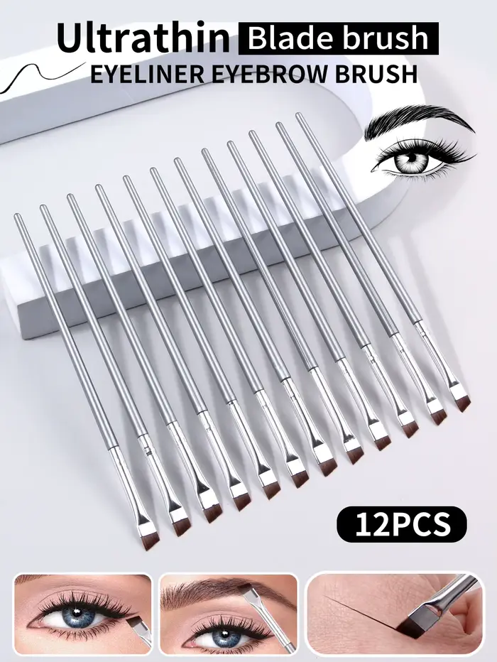 Ensemble de pinceaux Eyeliner à lame Super fine argentée, 12 pièces, pinceaux de maquillage doux, br
