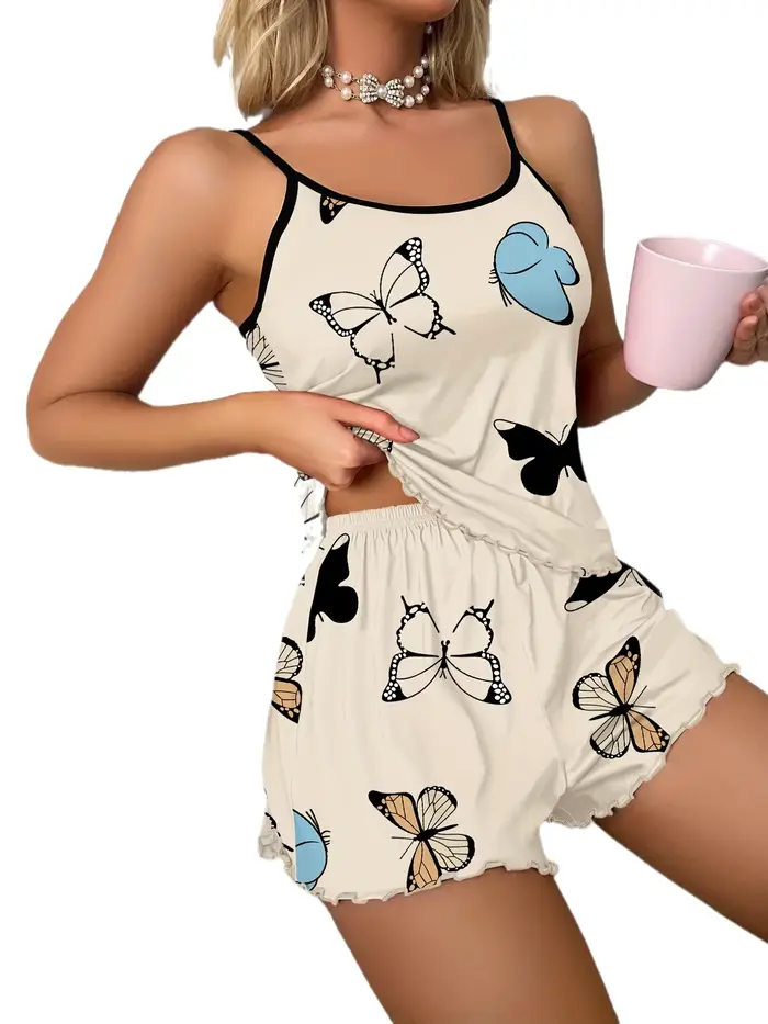 Ensemble pyjama imprimé papillon, garniture de laitue, haut caraco, ceinture élastique, short, vêtements de nuit pour femmes, vêtements de détente