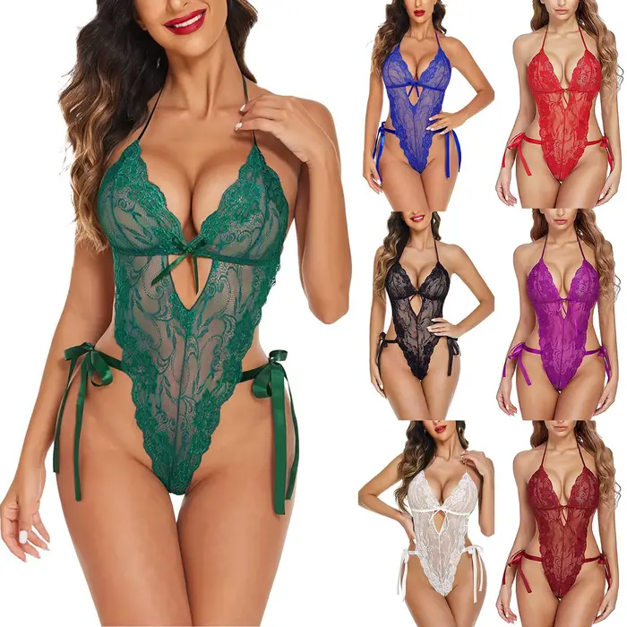 Sexy krajkové body pro ženy, spodní prádlo pro nahé záda, jednobarevné, jednodílné, bez ramínek, límec, erotický kostým, teddy