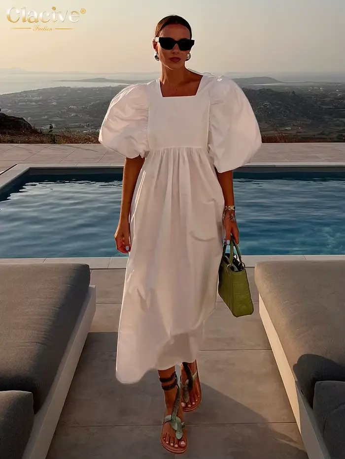 ClacMarkets-Robe blanche décontractée pour femme, col carré, manches bouffantes, longueur rinçage, é