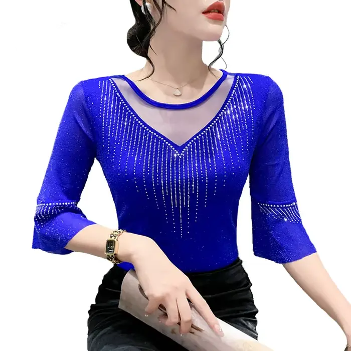 Sexy Patchwork maille t-shirt mince 3/4 manches été femmes haut forage chaud décontracté brillant so