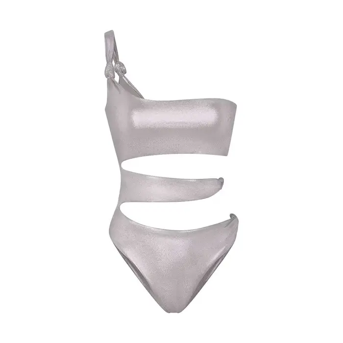 Dámské asymetrické plavky, Sexy, Bez rukávů, Štíhlé, Stříbrné, Y2k oblečení, Bikiny, Bodysuit, Dovolená na pláži, Léto