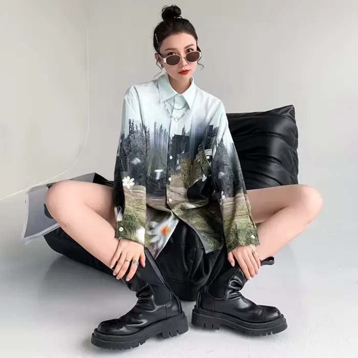 Chemisiers surdimensionnés à manches longues pour femmes, chemises imprimées à l'huile, Streetwear p