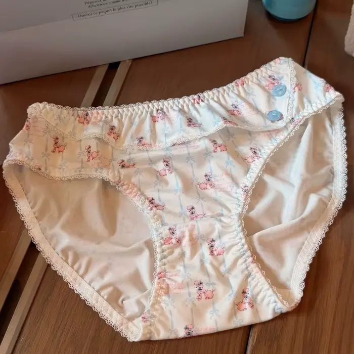 Culottes pour femmes en fibre de lait, taille basse, style Kawaii Lolita, avec nœud, imprimé poupée, dentelle et volants mignons