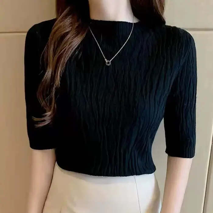 Pull uni à manches courtes pour femmes, pull côtelé, mode coréenne, vêtements féminins minces décont