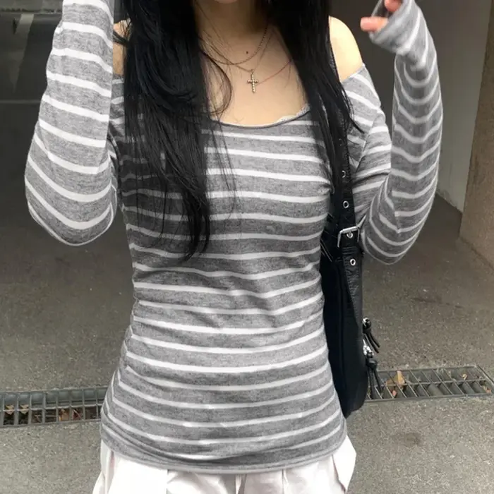 T-Shirt rayé à manches longues pour femmes, nouveaux modèles de base japonais, Slim, sans bretelles,
