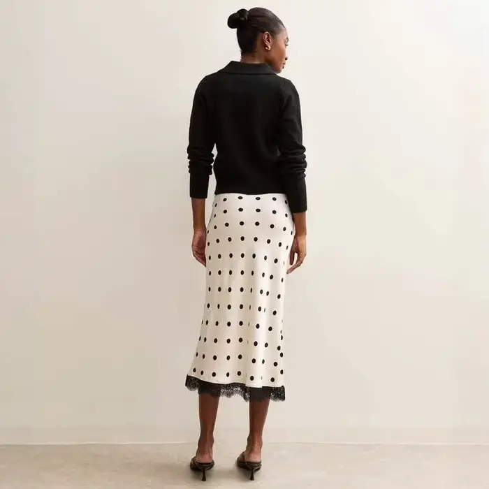 Jupes midi à pois pour femmes, été 2026, taille haute, en satin, patchwork, dentelle, robe décontrac