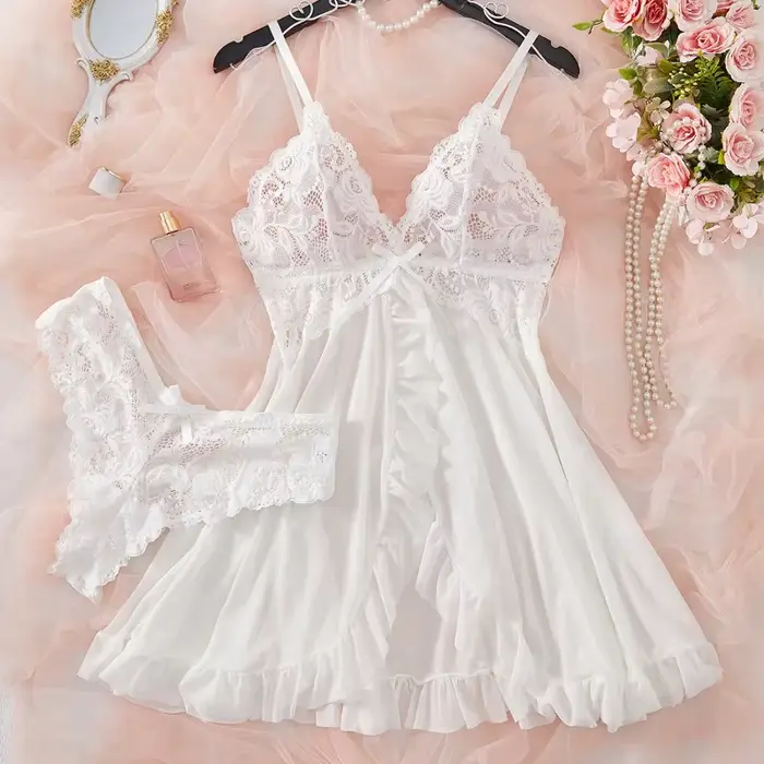 Ensemble de lingerie sexy pour femme, comprenant un soutien-gorge érotique, une chemise de nuit en dentelle sexy, des robes de nuit et des robes douces et ajustées de couleur unie à col en V, style nu