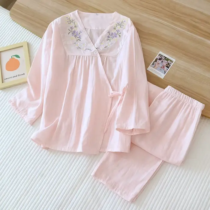 Dámské bavlněné pyžamo V-neck velikost M L XL potištěné růžová modrá pro ženy teplé noci jaro