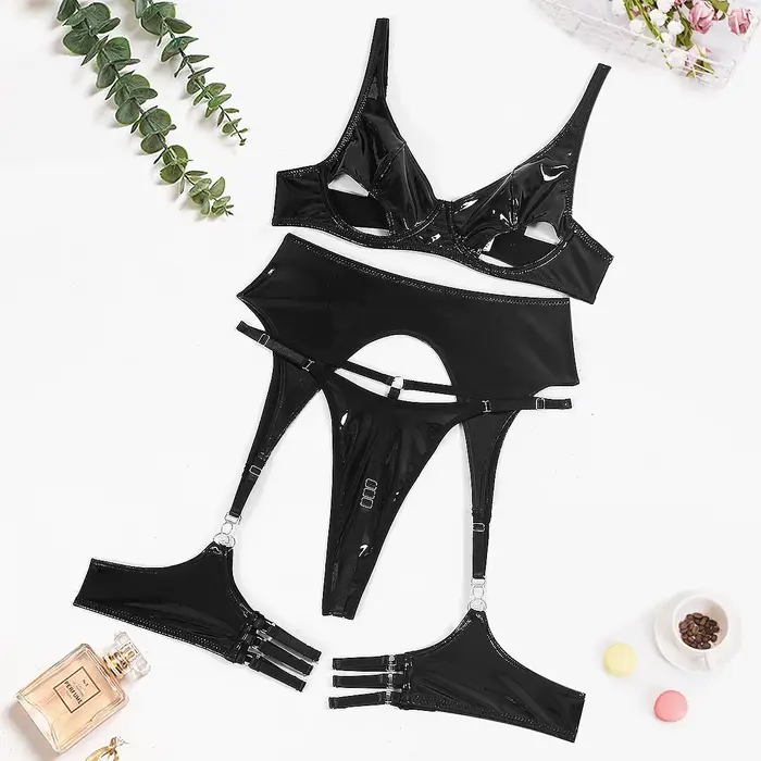 Soutien-gorge en cuir PU pour femme, Lingerie Sexy, sous-vêtements sensuels, Latex non censuré, Push Up, tenues exotiques avec tongs à jarretelles